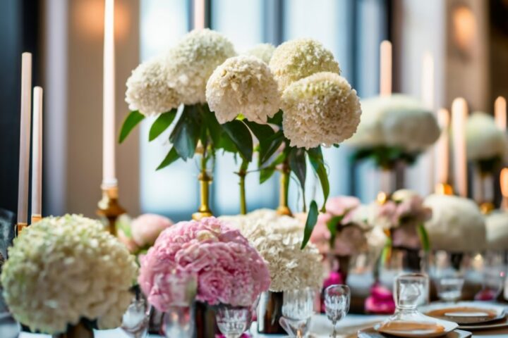 wedding centerpiece set in a wedding table showing white hydrangeas, pink roses and orchids very modern