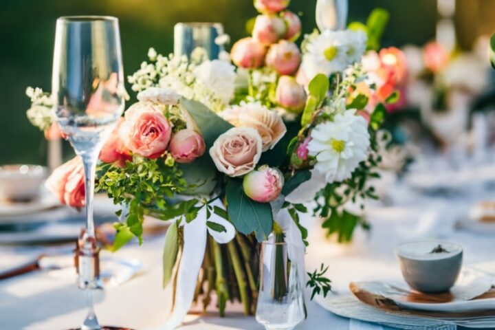 wedding centerpieces set in a table with decorations. Flowers pink and white.