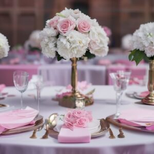 Tall center piece with pink roses and white hydrangeas in a golden chandelier  for flowers