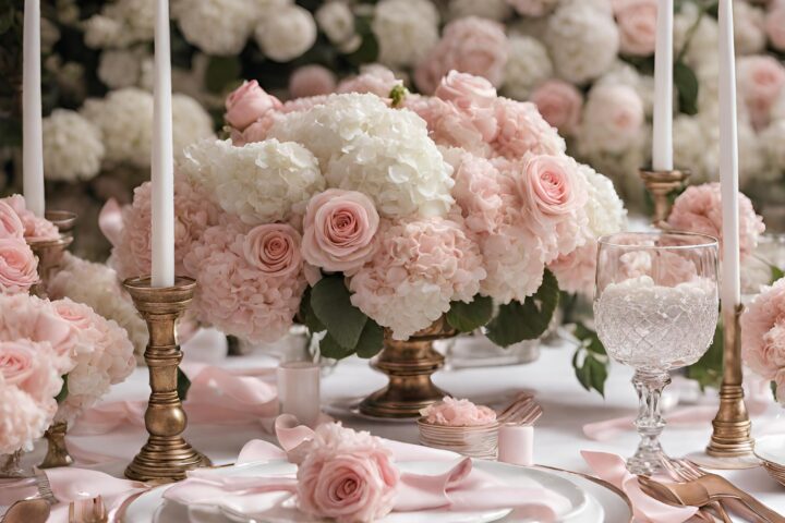 Lots of pink roses nd white hydrangeas set in a wedding table also showing the plates and forks