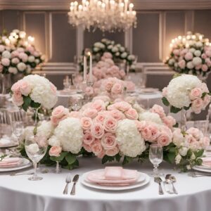 wedding room full of floral arrangements all with pink and white flowers set in a wedding table in a beautiful ballroom. 